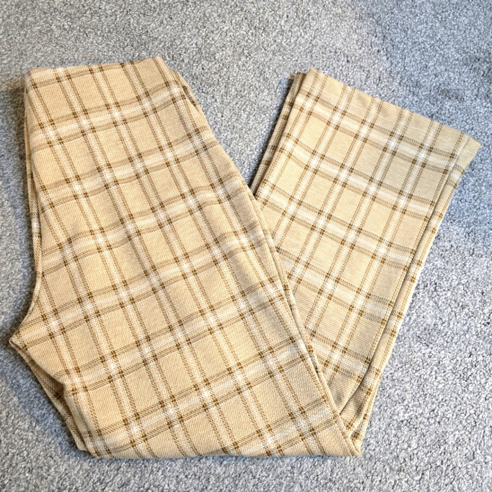 LaLa Land Polyester Flare Plaid Neutral Pant  Women's Large Boho Coastal Grandma